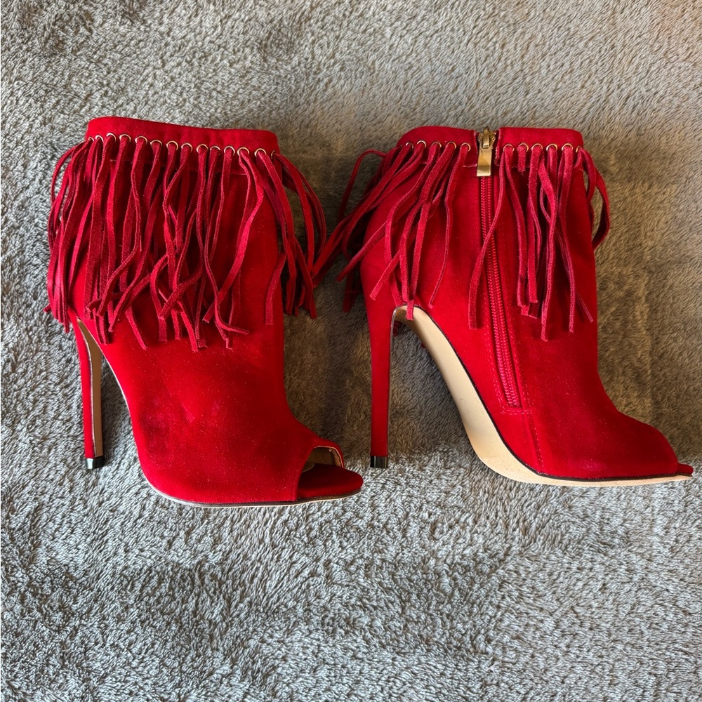 Liliana Red Fringe Heeled Booties